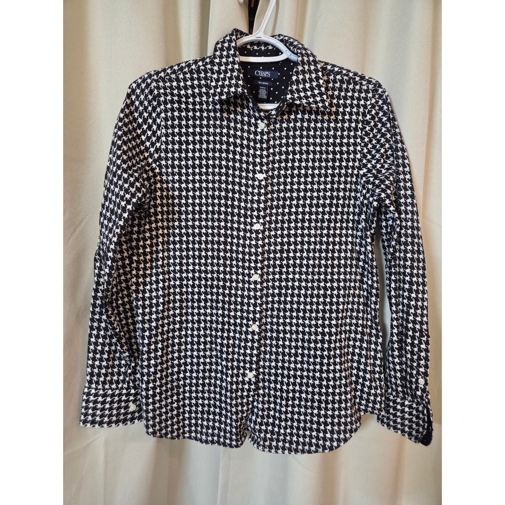 Chaps No Iron Houndstooth Button Down Shirt Black White Women Small Cotton